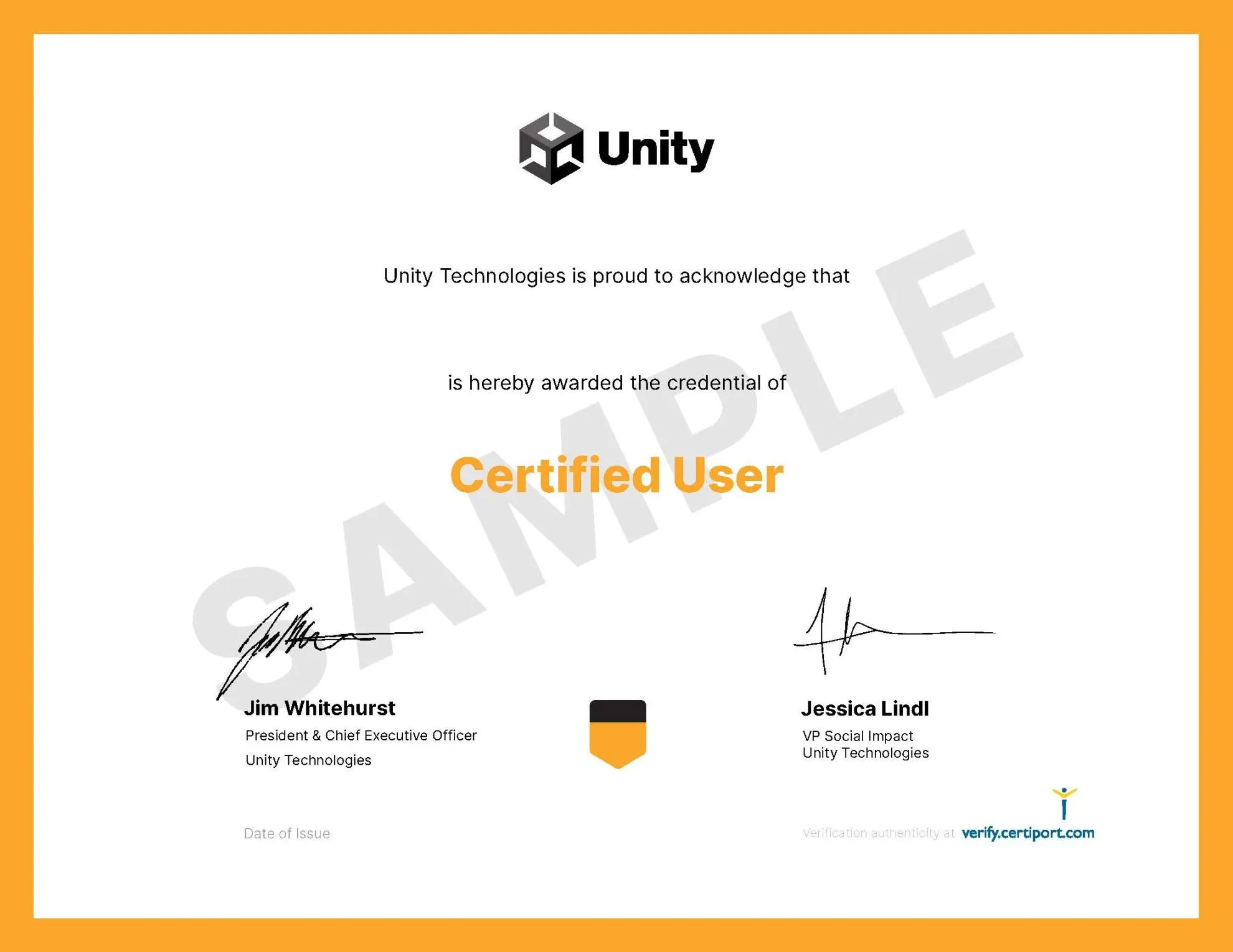 Unity Certified User Sample Certificate